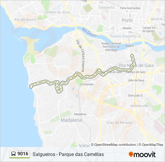 Mapa da linha do autocarro 9016.