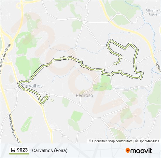 Mapa da linha do autocarro 9023.