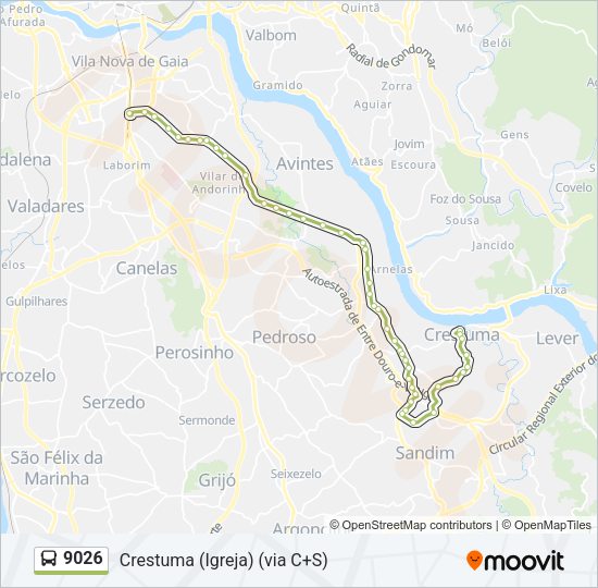 Mapa da linha do autocarro 9026.