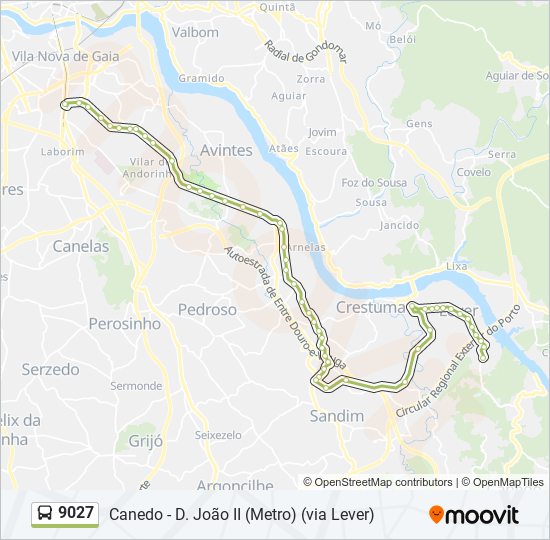 Mapa da linha do autocarro 9027.