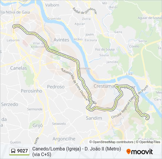 Mapa da linha do autocarro 9027.
