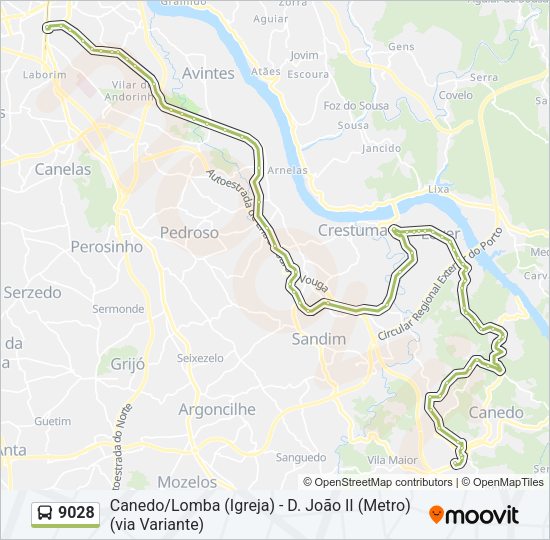 Mapa da linha do autocarro 9028.