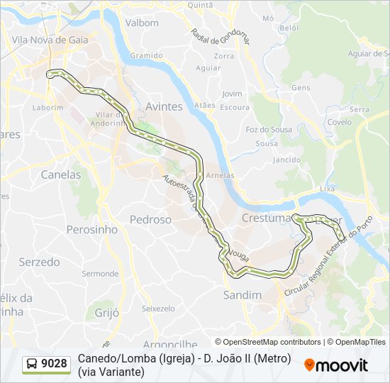 Mapa da linha do autocarro 9028.