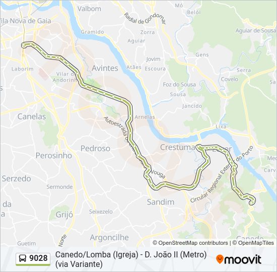 Mapa da linha do autocarro 9028.