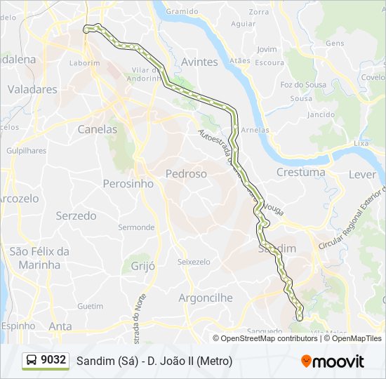 Mapa da linha do autocarro 9032.