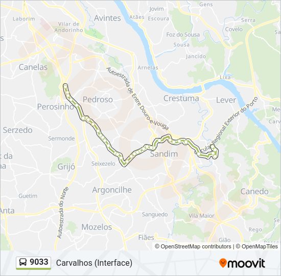 Mapa da linha do autocarro 9033.