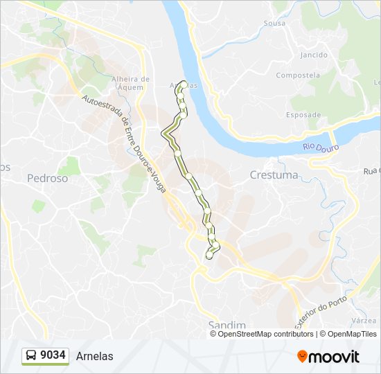 Mapa da linha do autocarro 9034.