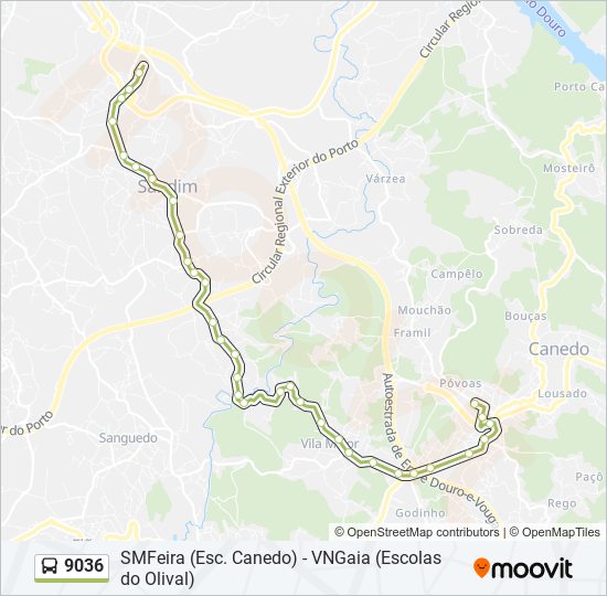 Mapa da linha do autocarro 9036.