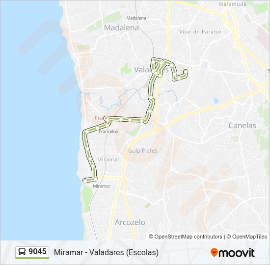 Mapa da linha do autocarro 9045.