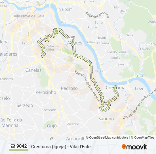 Mapa da linha do autocarro 9042.