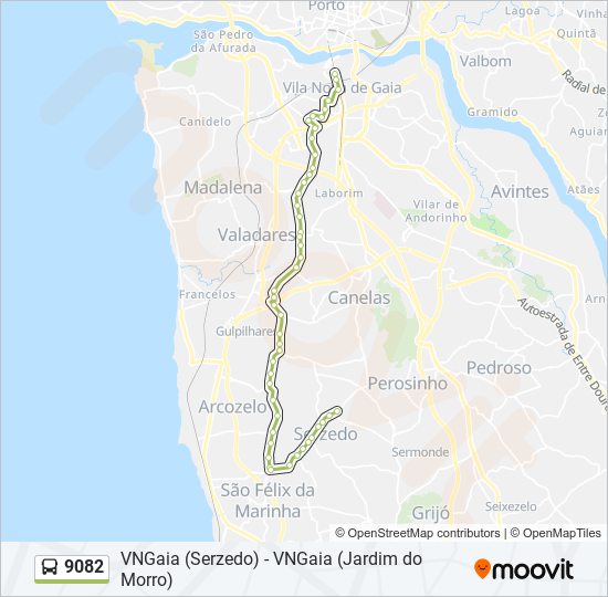 Mapa da linha do autocarro 9082.