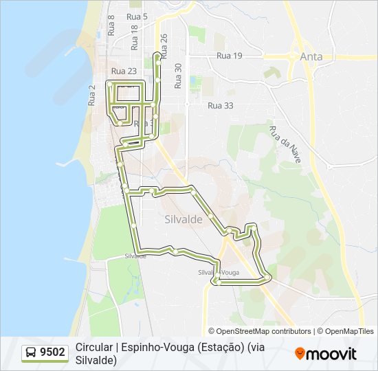 Mapa da linha do autocarro 9502.