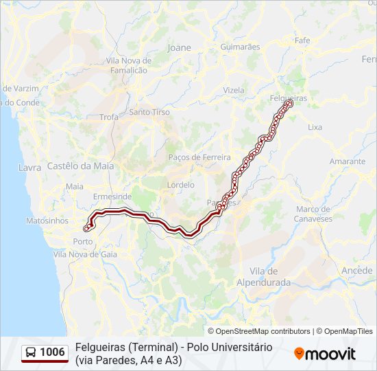 Mapa da linha do autocarro 1006.