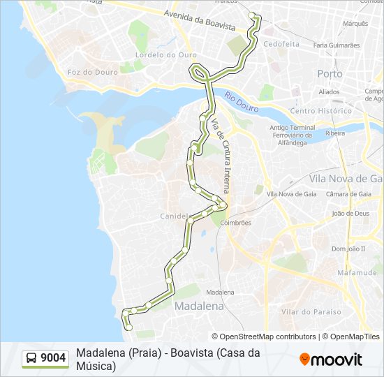 Mapa da linha do autocarro 9004.