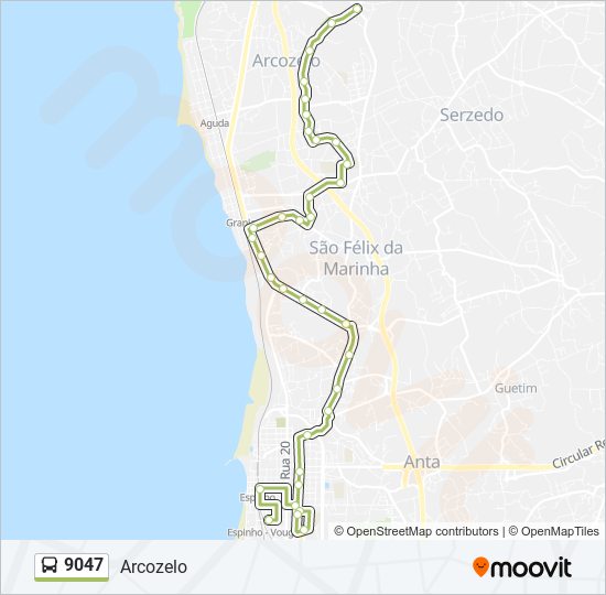 Mapa da linha do autocarro 9047.