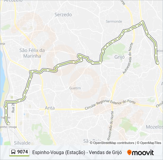 Mapa da linha do autocarro 9074.