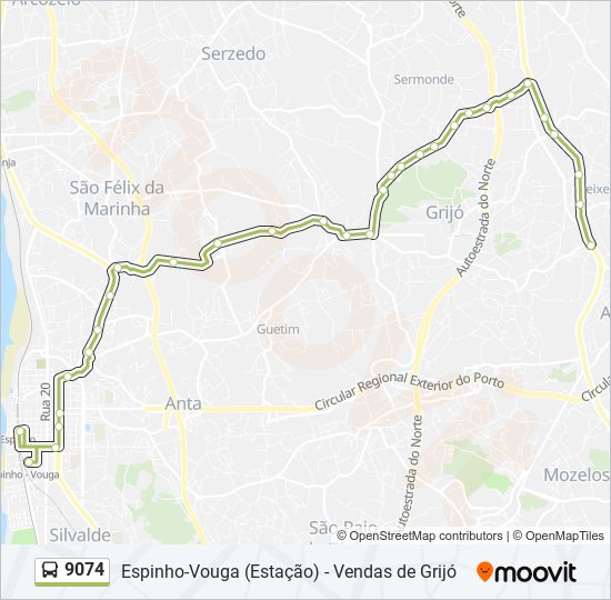 Mapa da linha do autocarro 9074.