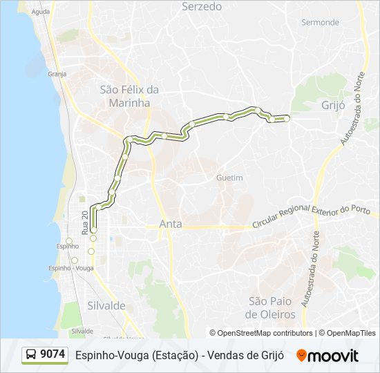 Mapa da linha do autocarro 9074.