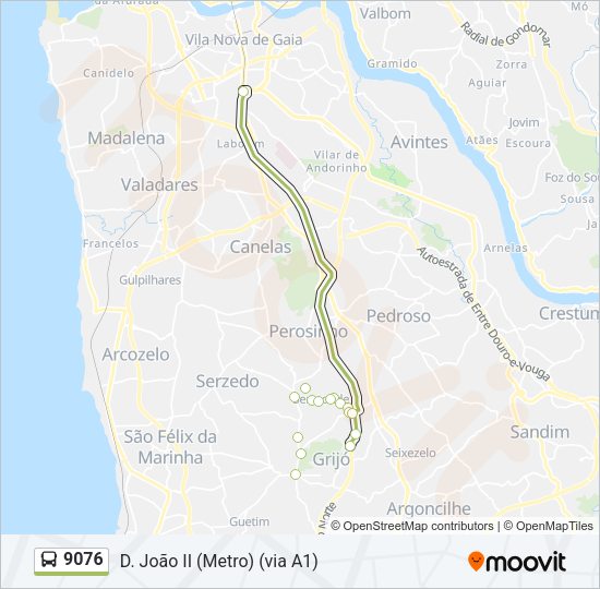 Mapa da linha do autocarro 9076.