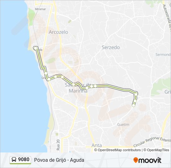 Mapa da linha do autocarro 9080.
