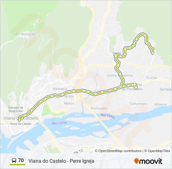 Mapa da linha do autocarro 70.