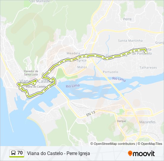 Mapa da linha do autocarro 70.