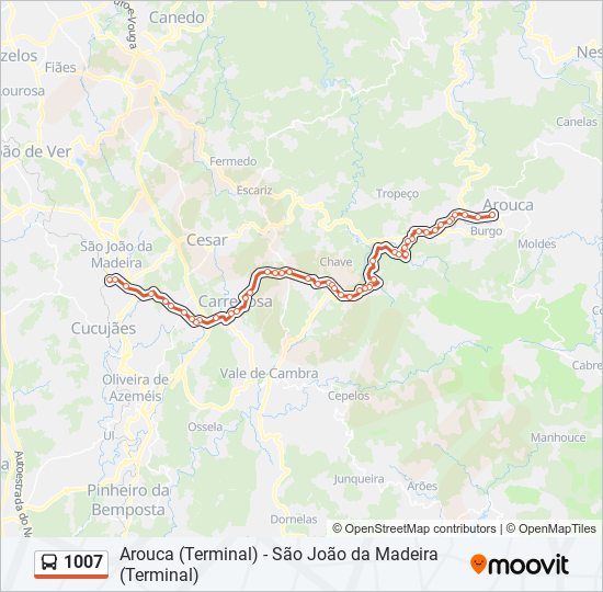 Mapa da linha do autocarro 1007.