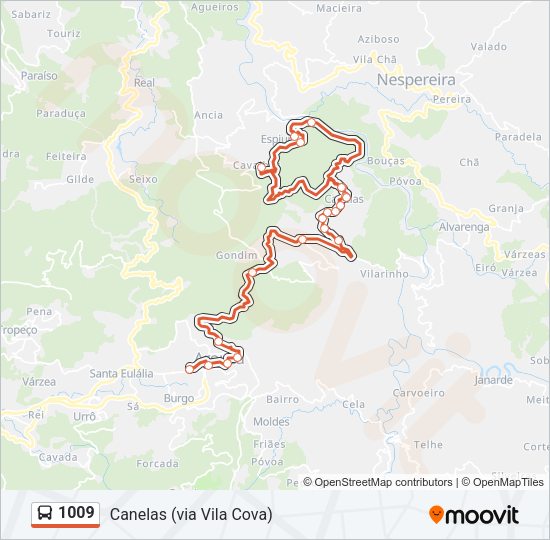 Mapa da linha do autocarro 1009.
