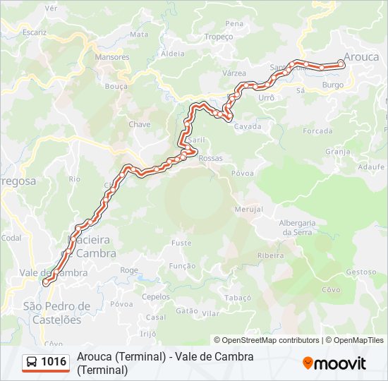 Mapa da linha do autocarro 1016.