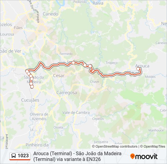 Mapa da linha do autocarro 1023.