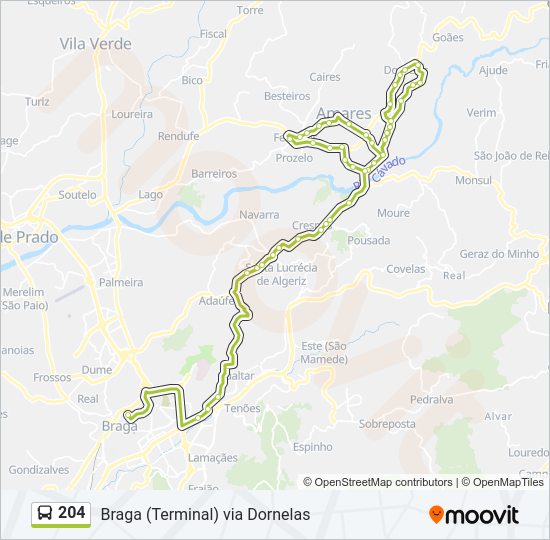 Mapa da linha do autocarro 204.