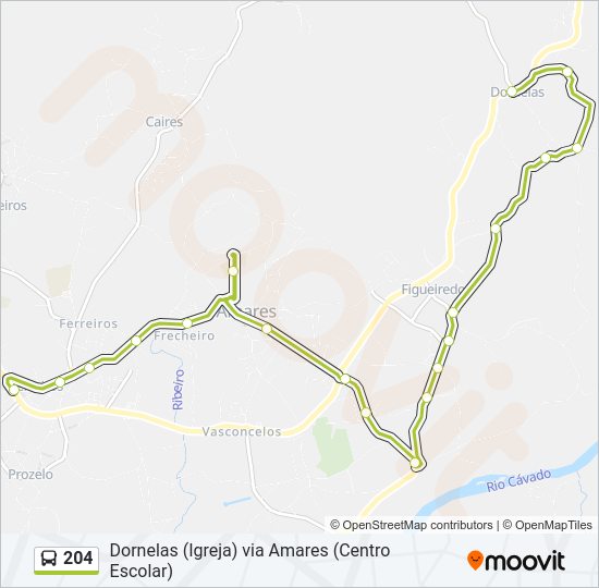 Mapa da linha do autocarro 204.