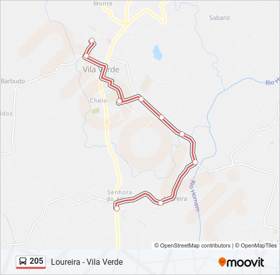 Mapa da linha do autocarro 205.