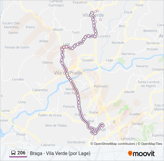 Mapa da linha do autocarro 206.