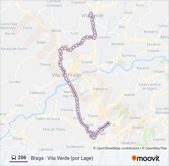 Mapa da linha do autocarro 206.