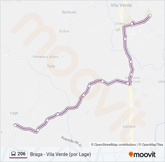 Mapa da linha do autocarro 206.