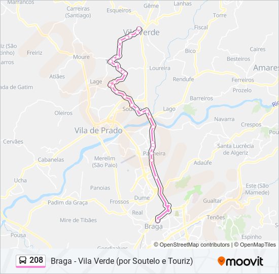 Mapa da linha do autocarro 208.