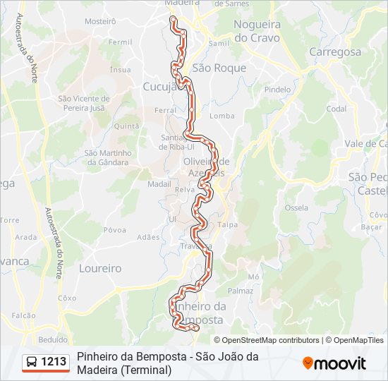 Mapa da linha do autocarro 1213.