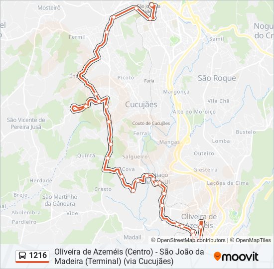 Mapa da linha do autocarro 1216.