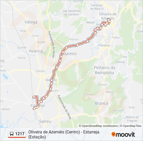 Mapa da linha do autocarro 1217.