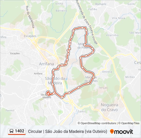 Mapa da linha do autocarro 1402.