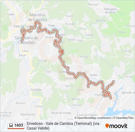 Mapa da linha do autocarro 1603.