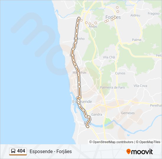 Mapa da linha do autocarro 404.