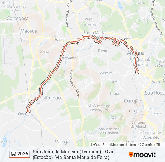 Mapa da linha do autocarro 2036.