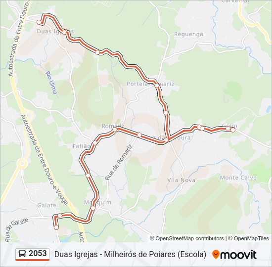 Mapa da linha do autocarro 2053.