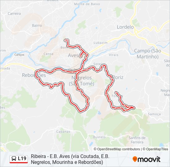 Mapa da linha do autocarro L19.