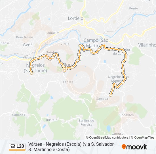 Mapa da linha do autocarro L20.