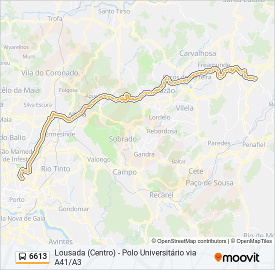 Mapa da linha do autocarro 6613.