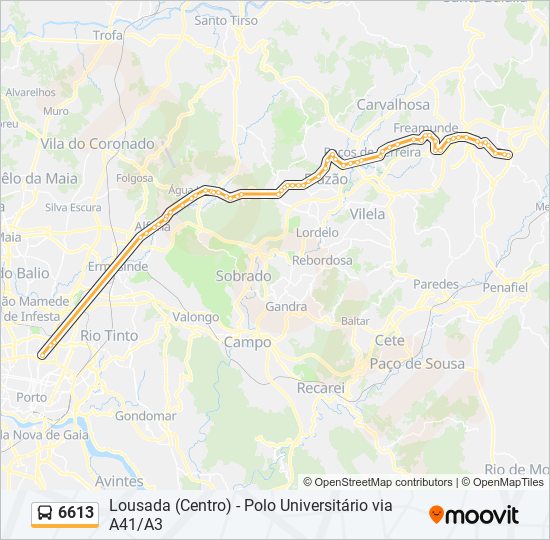 Mapa da linha do autocarro 6613.