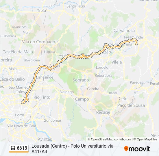 Mapa da linha do autocarro 6613.